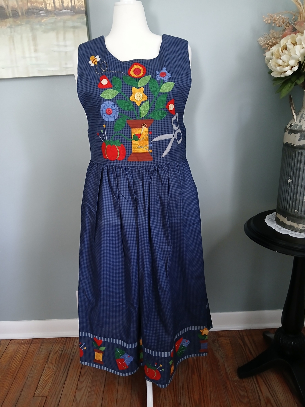 Sleeveless Navy Gingham Floral Appliqué Dress